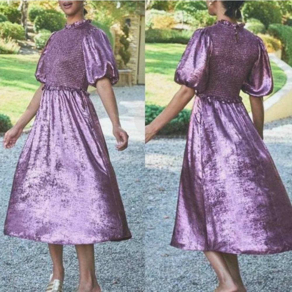 The Odells Abigail Metallic Smocked‎ Midi Dress Pink Puff Sleeve Shimmer Size L